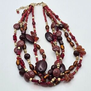 Lia Sophia Necklace Red‎ Beaded Multi Strand Goldtone Women statement